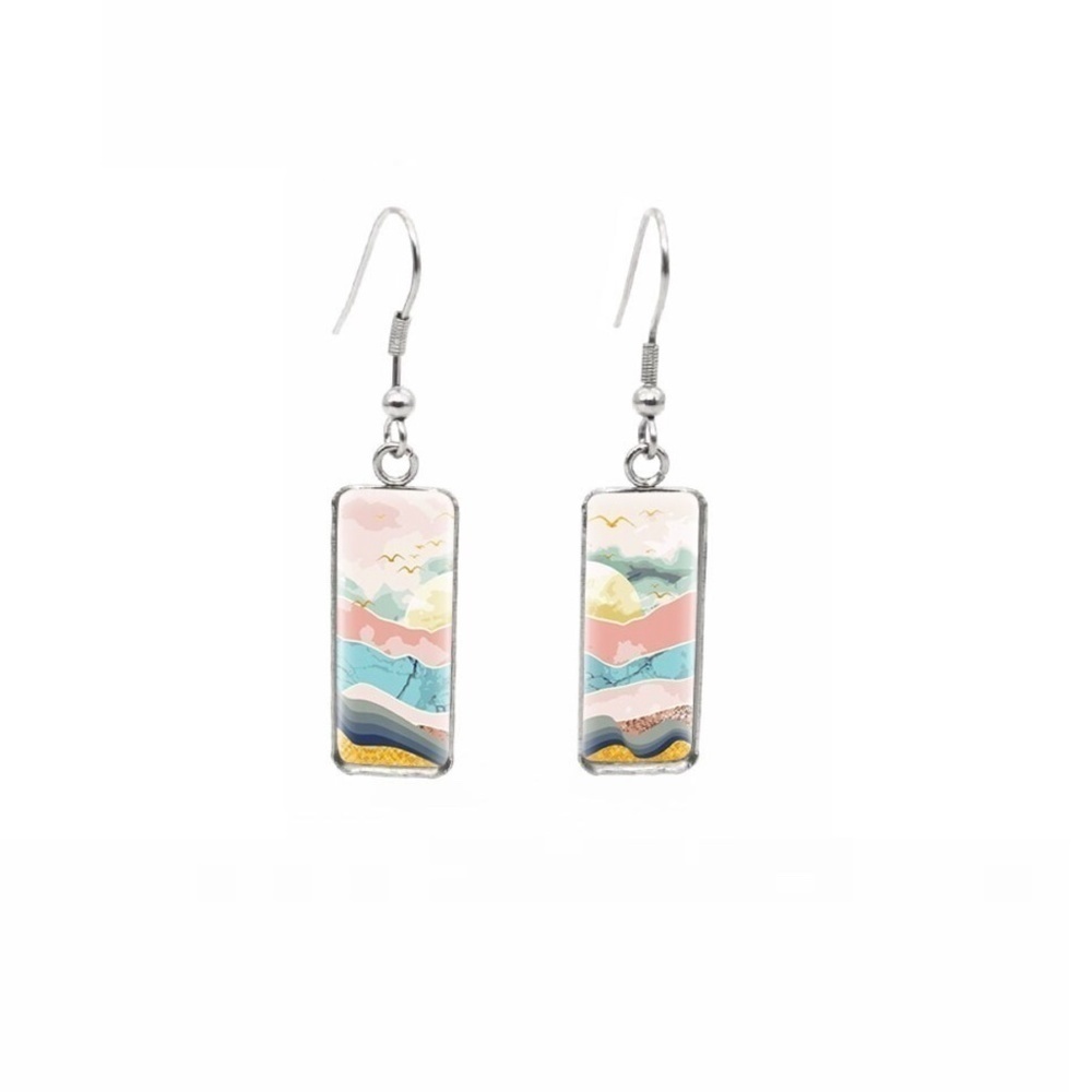 🏔️ Silvertone Rectangular Glass Dome Mountain Drop Earrings